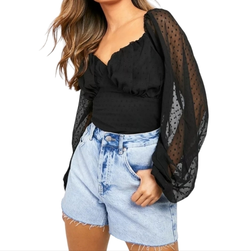 Boohoo Black Dobby Mesh Ruffle Ruched Cup Cropped Top - Size 10